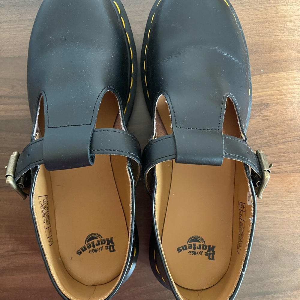Dr. Martens Black Leather Polley Mary Jane Shoes with Yellow Stitching